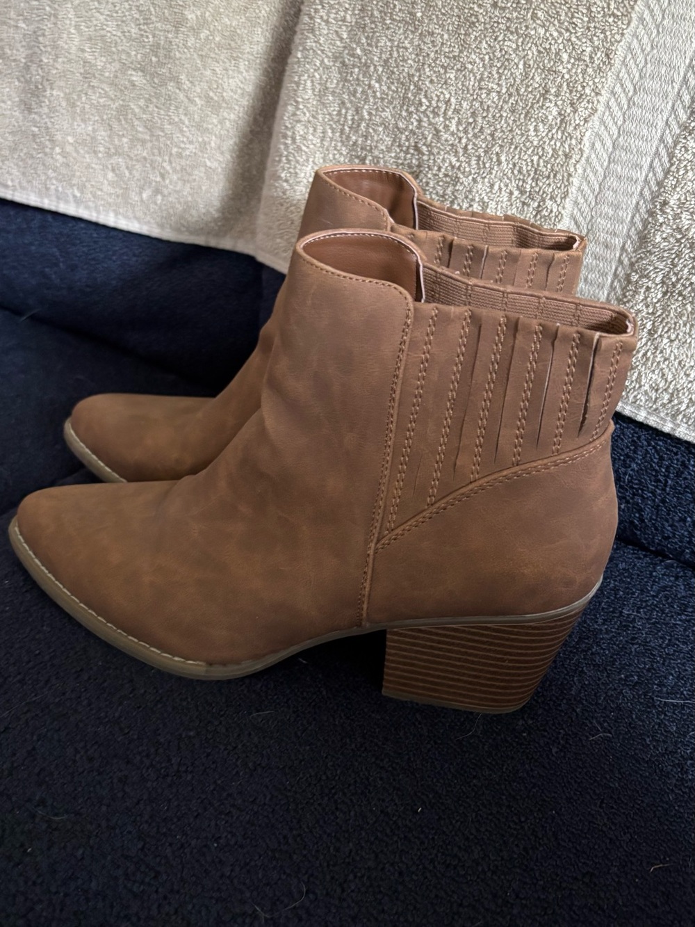 a.n.a Brown Faux-Leather Ankle Booties with Stacked Heel